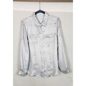 Womens‎ Calvin Klein Metallic Silver Shirt Top Blouse Button Front Holiday Party